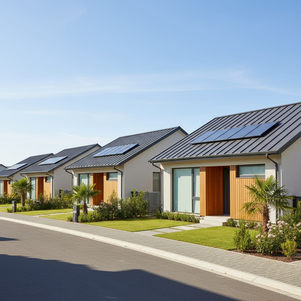 Reihen moderner Wohnhäuser mit neuen Dächern und Dachrinnen