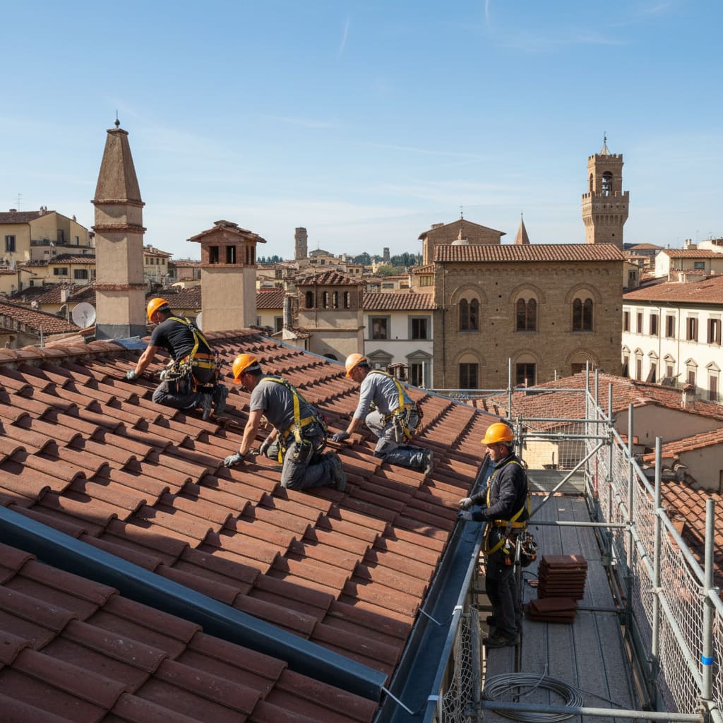 Dachdecker installieren Ziegel und Dachrinnen