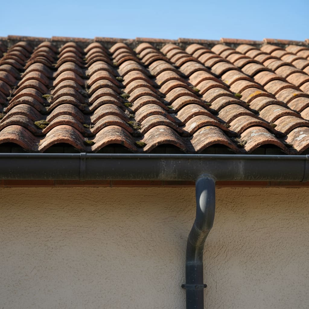 Detailaufnahme von Dachziegeln und Dachrinne