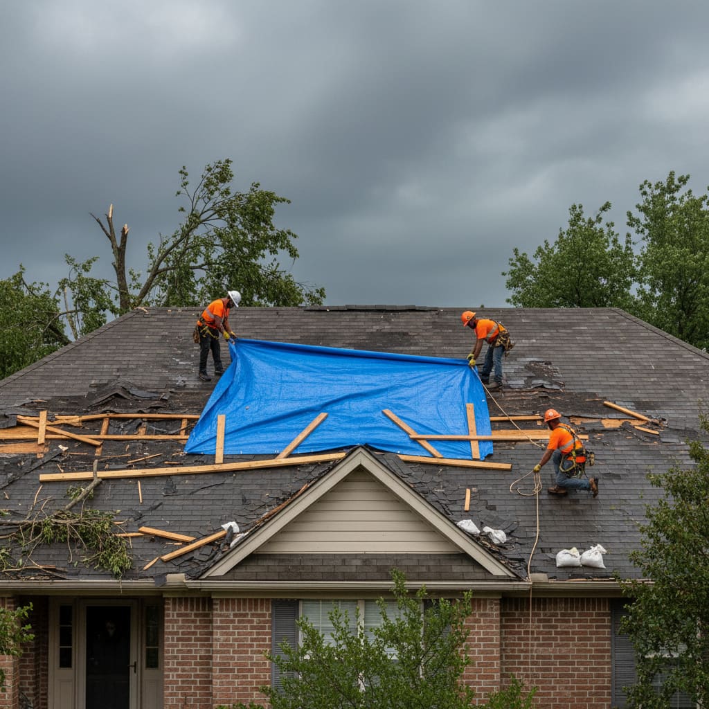 Temporäre Abdeckung eines Sturmschadendachs